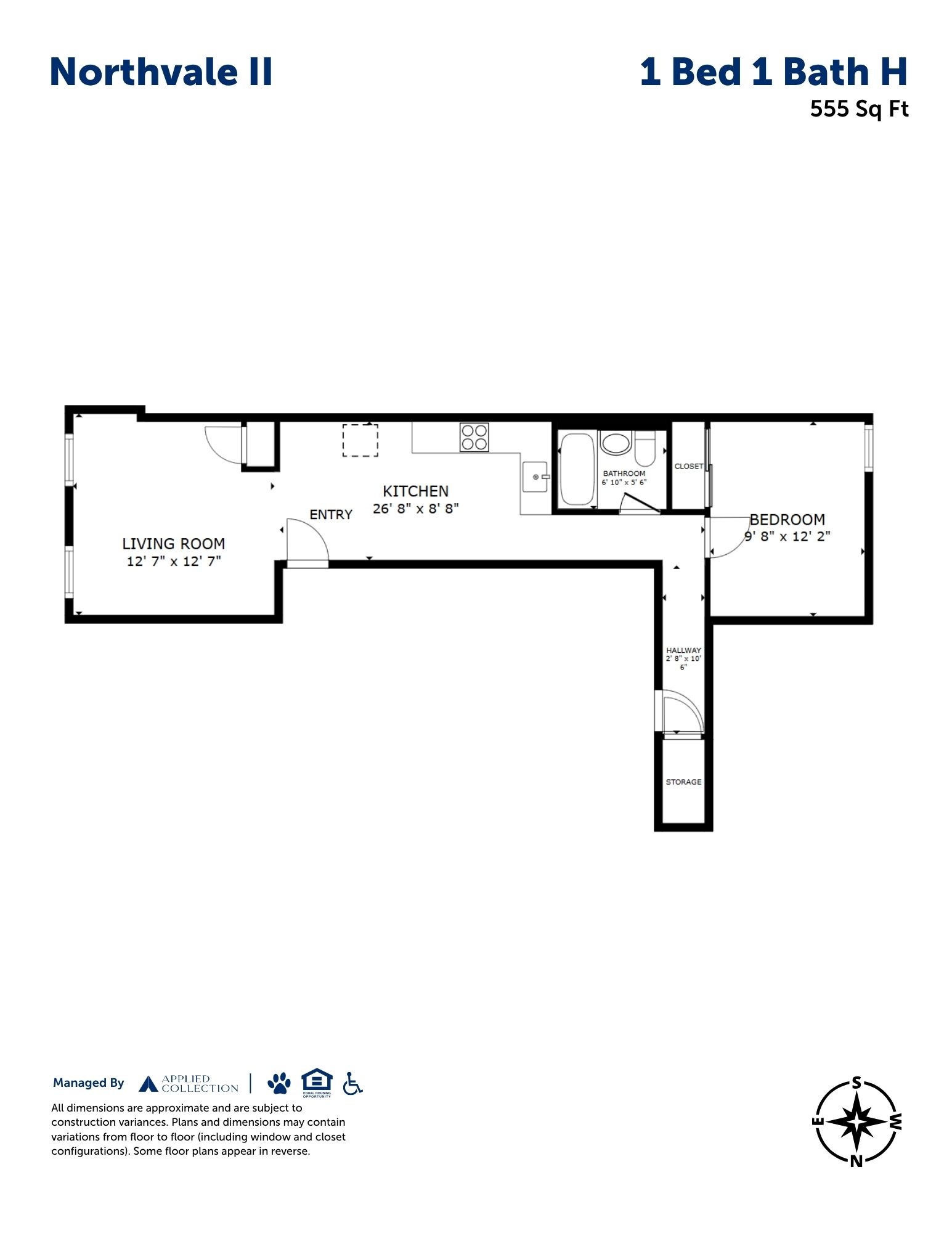 Floor plan for 1 bed, 1 bath, 555 sqft
